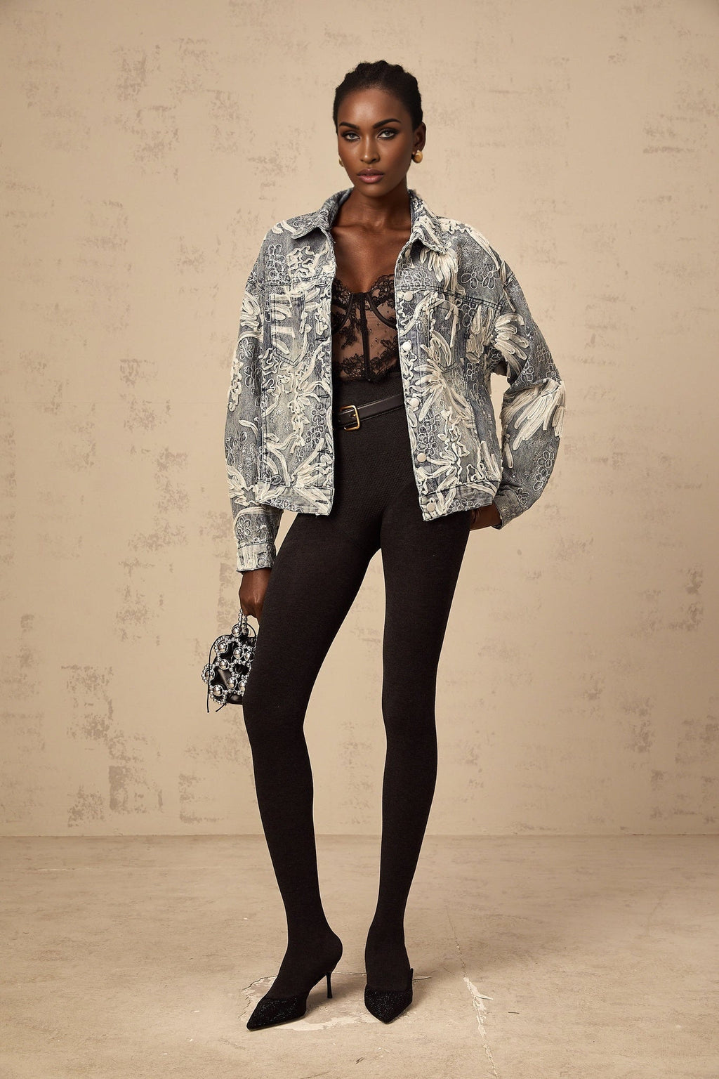 Julia Denim Jacket Blue Sequined Flower Embroidery & Rhinestone