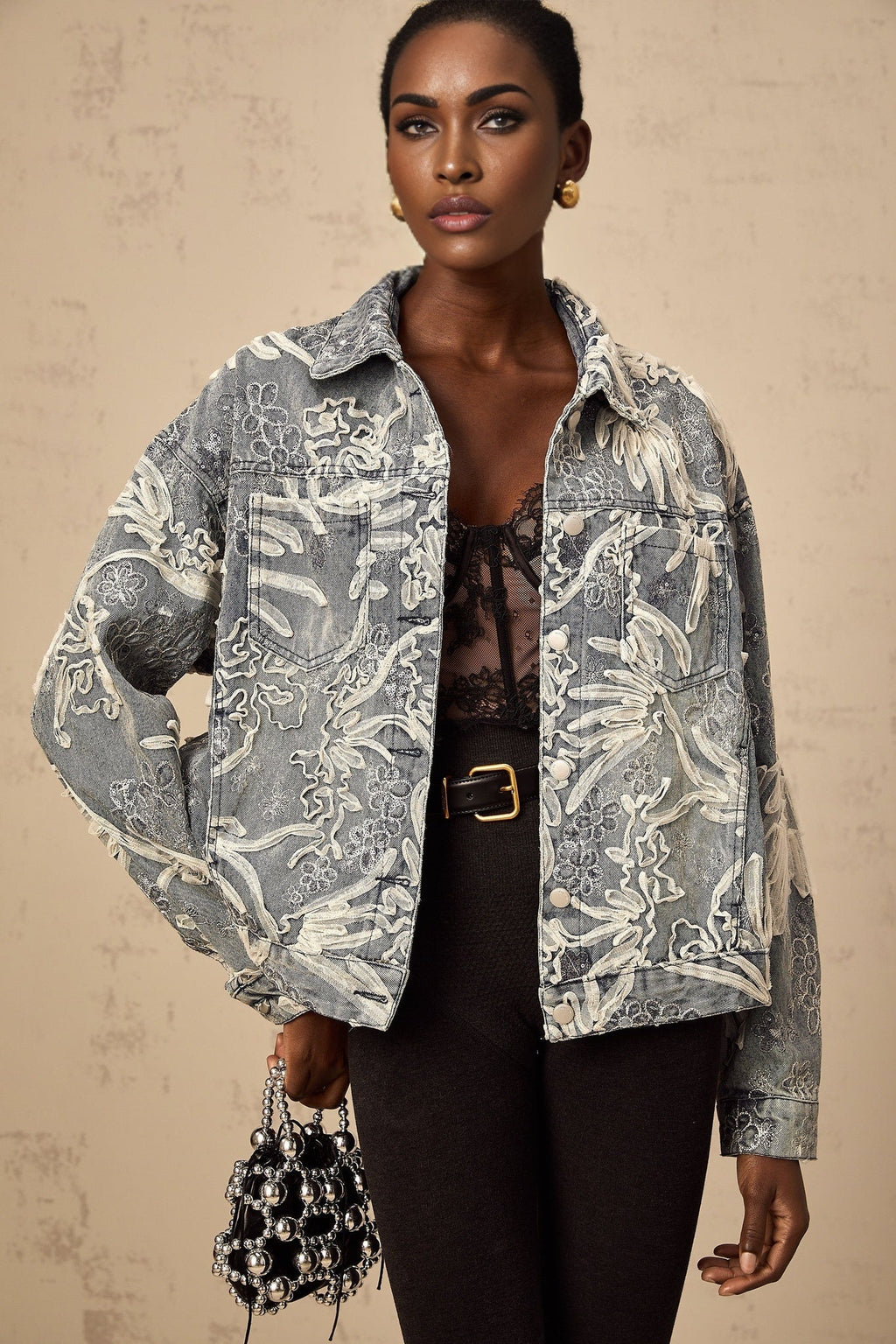 Julia Denim Jacket Blue Sequined Flower Embroidery & Rhinestone