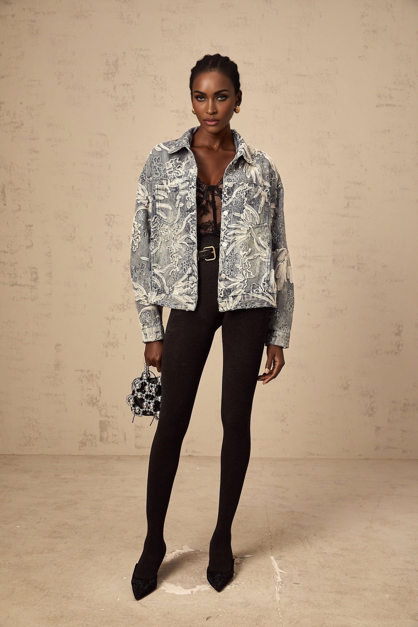 Julia Denim Jacket Blue Sequined Flower Embroidery & Rhinestone