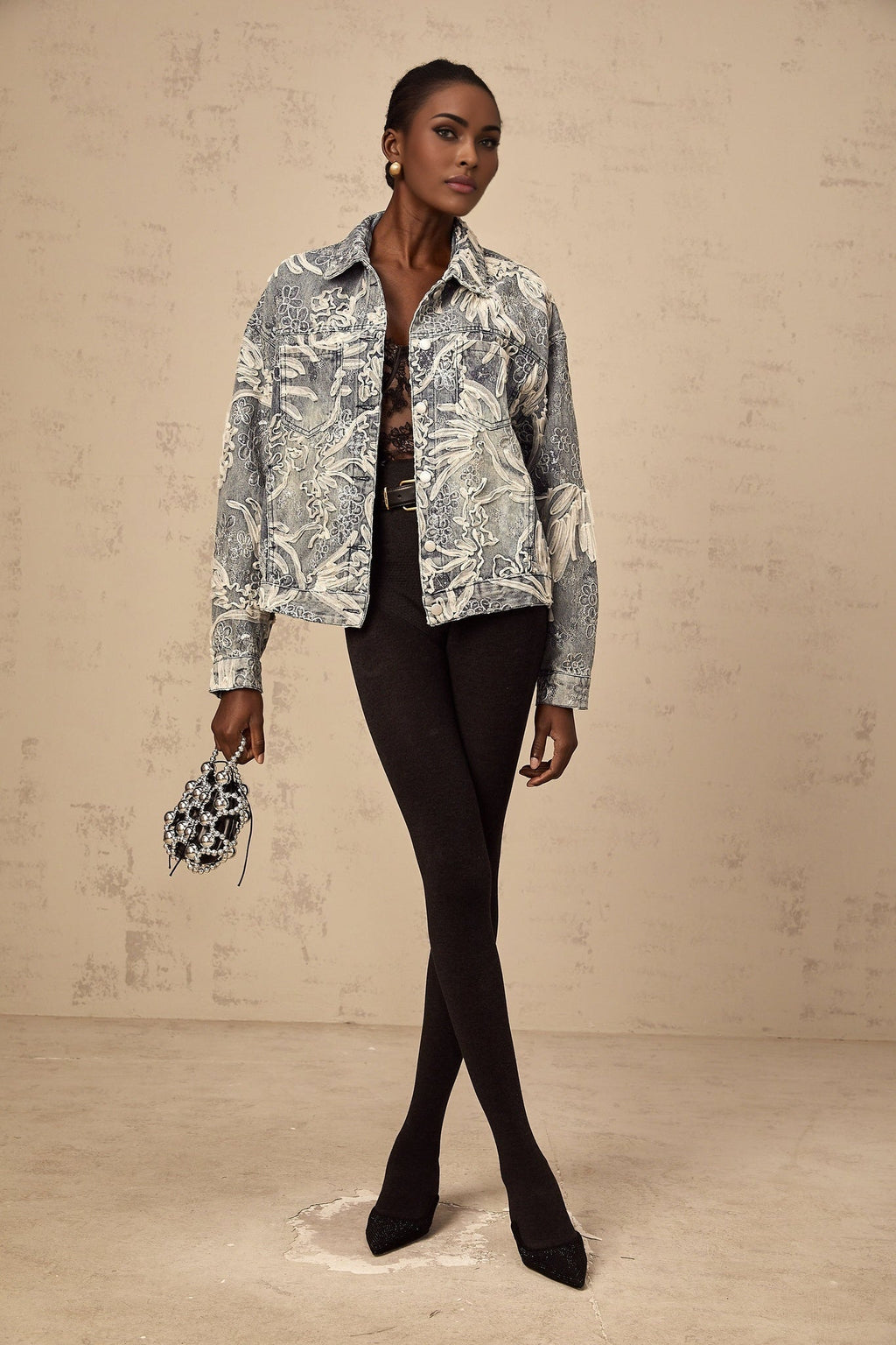 Julia Denim Jacket Blue Sequined Flower Embroidery & Rhinestone