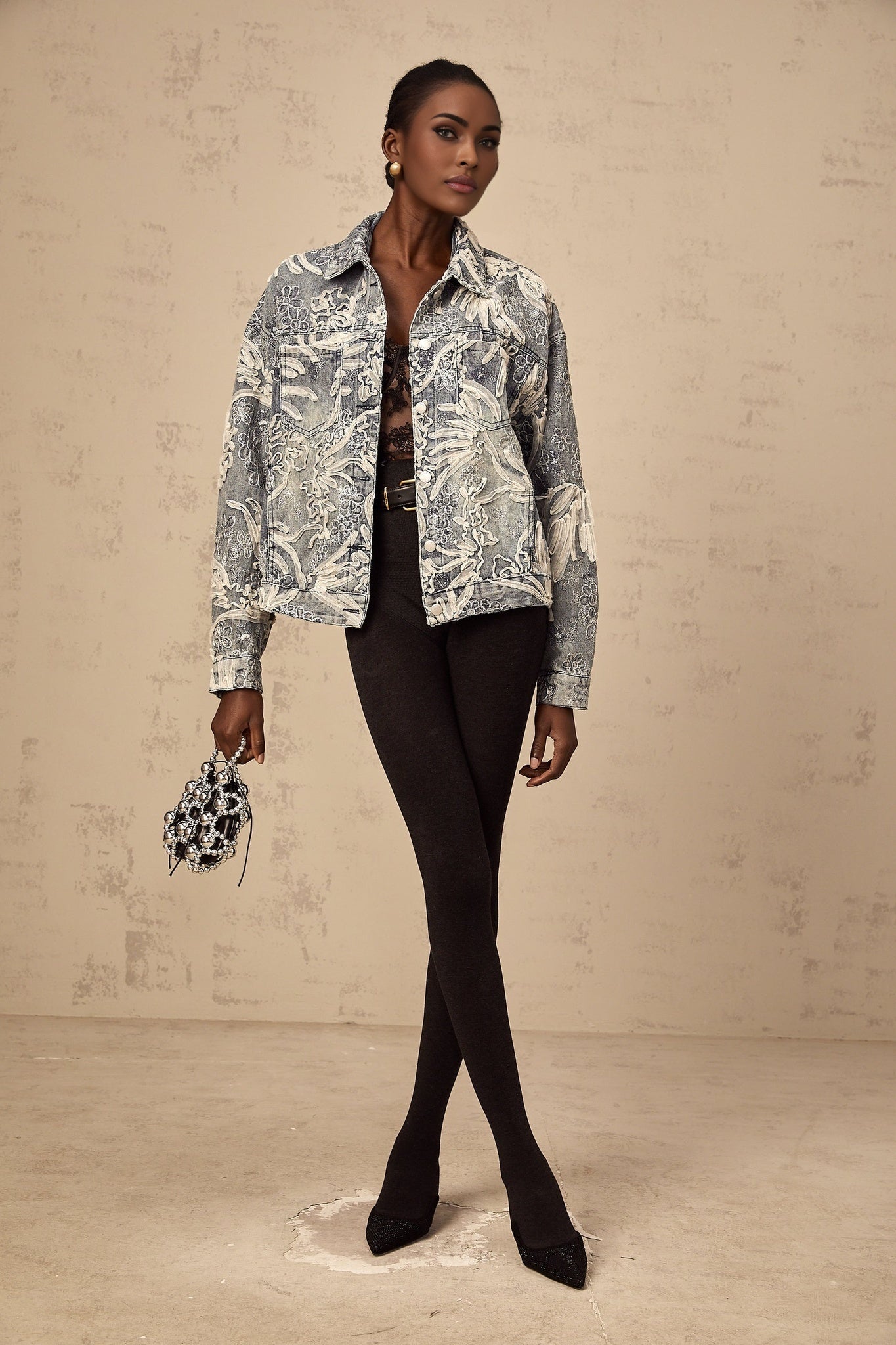 Julia Denim Jacket Blue Sequined Flower Embroidery & Rhinestone