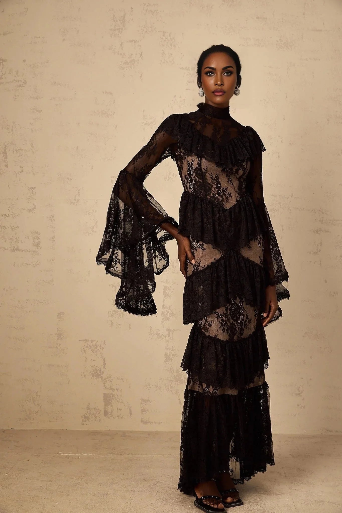Julia Maxi Dress Black Floral Lace Ruffles Long Sleeves Cinched Waist & Zip Fastening