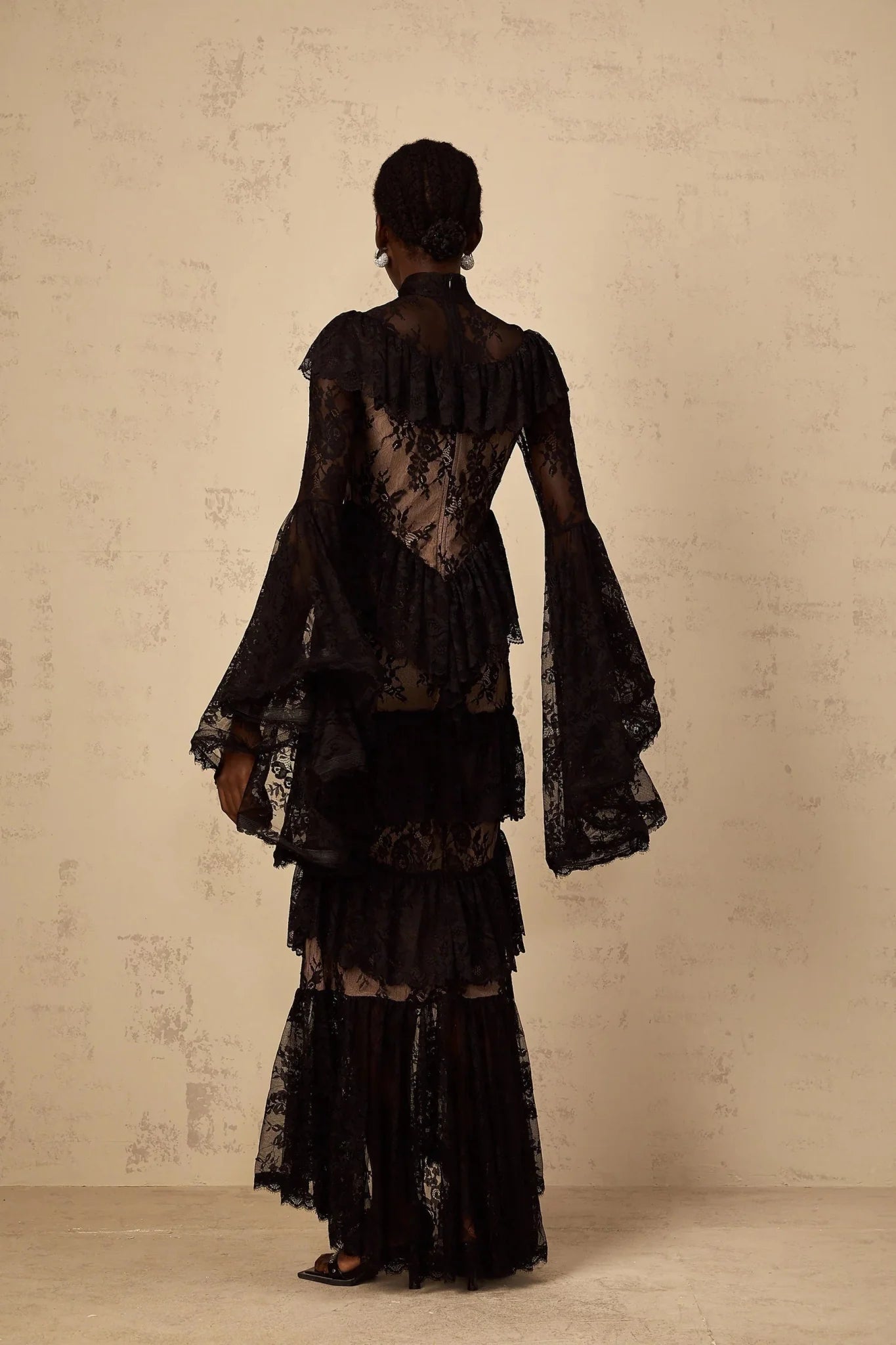 Julia Maxi Dress Black Floral Lace Ruffles Long Sleeves Cinched Waist & Zip Fastening