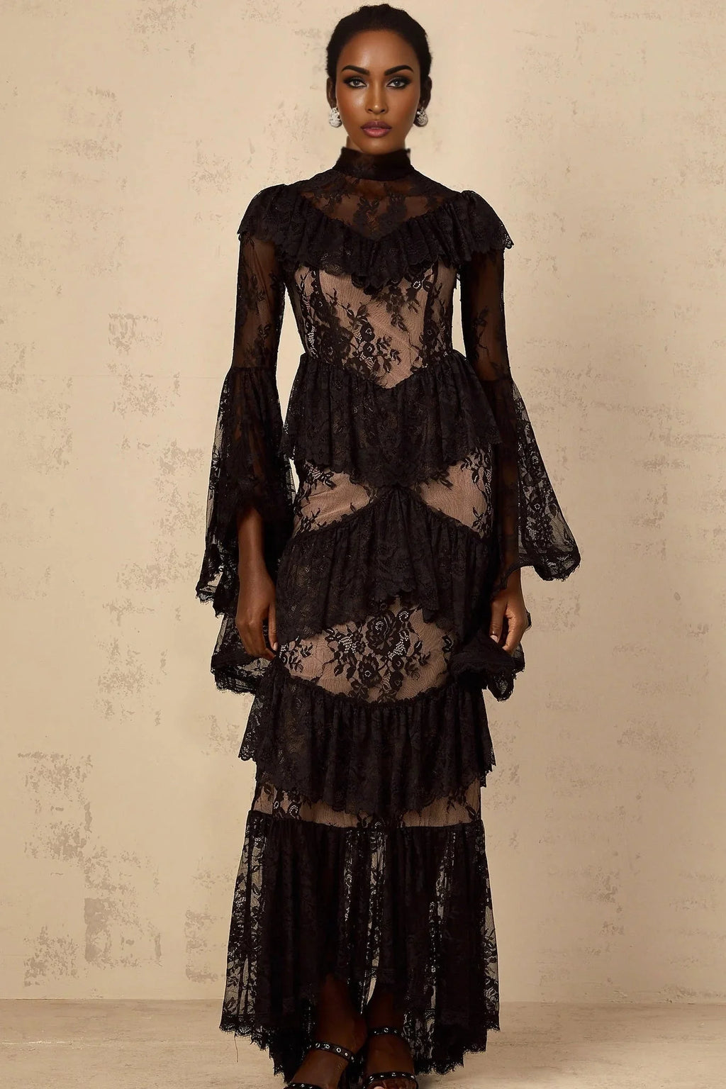 Julia Maxi Dress Black Floral Lace Ruffles Long Sleeves Cinched Waist & Zip Fastening