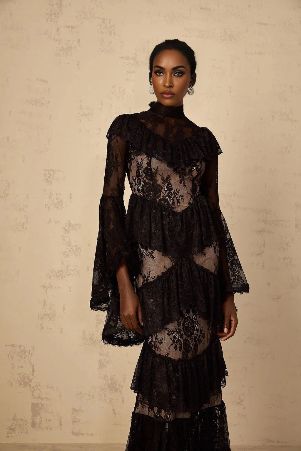 Julia Maxi Dress Black Floral Lace Ruffles Long Sleeves Cinched Waist & Zip Fastening