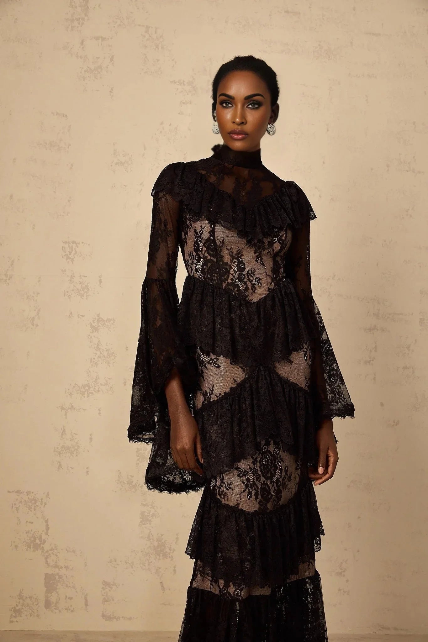 Julia Maxi Dress Black Floral Lace Ruffles Long Sleeves Cinched Waist & Zip Fastening
