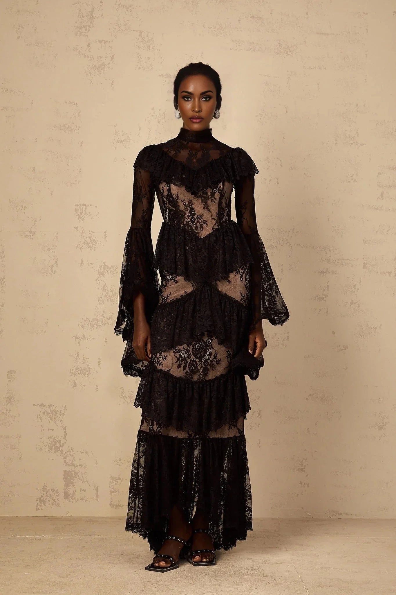Julia Maxi Dress Black Floral Lace Ruffles Long Sleeves Cinched Waist & Zip Fastening