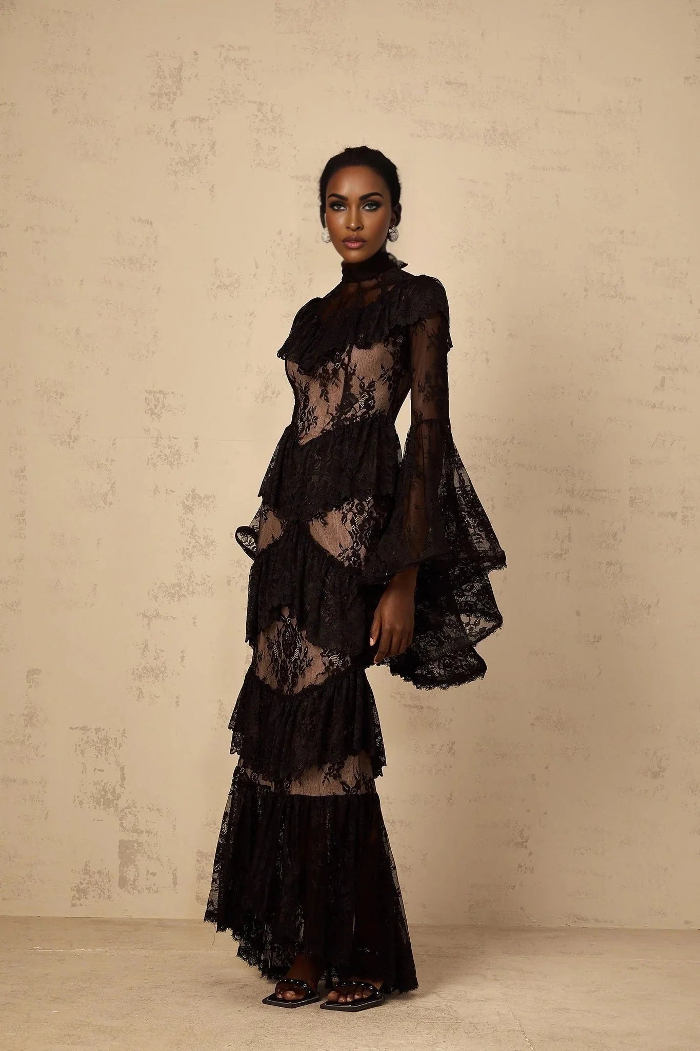 Julia Maxi Dress Black Floral Lace Ruffles Long Sleeves Cinched Waist & Zip Fastening