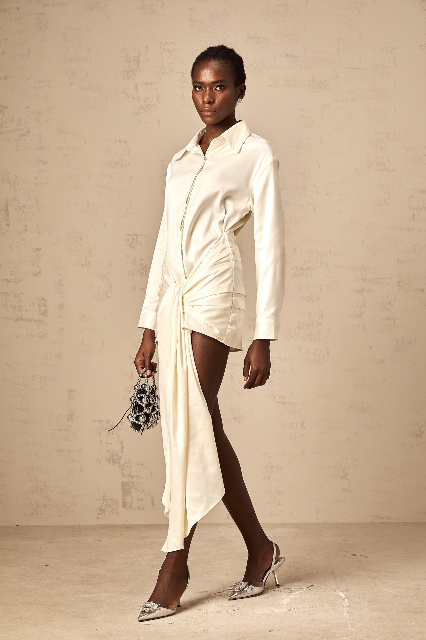 Julia Mini Dress White Satin Ribbon Ruched Thigh Length