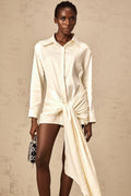 Julia Mini Dress White Satin Ribbon Ruched Thigh Length