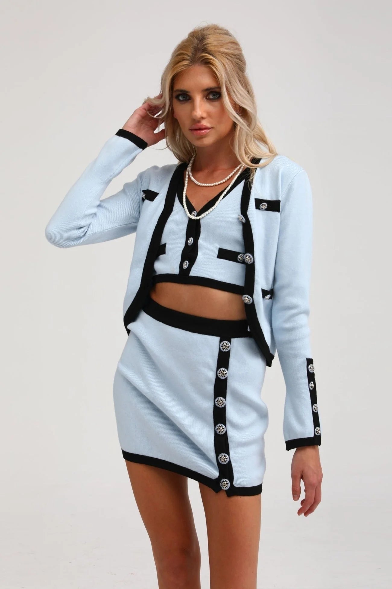 Julia Skirt & Top Set in Blue Long Sleeve Button Detail Matching