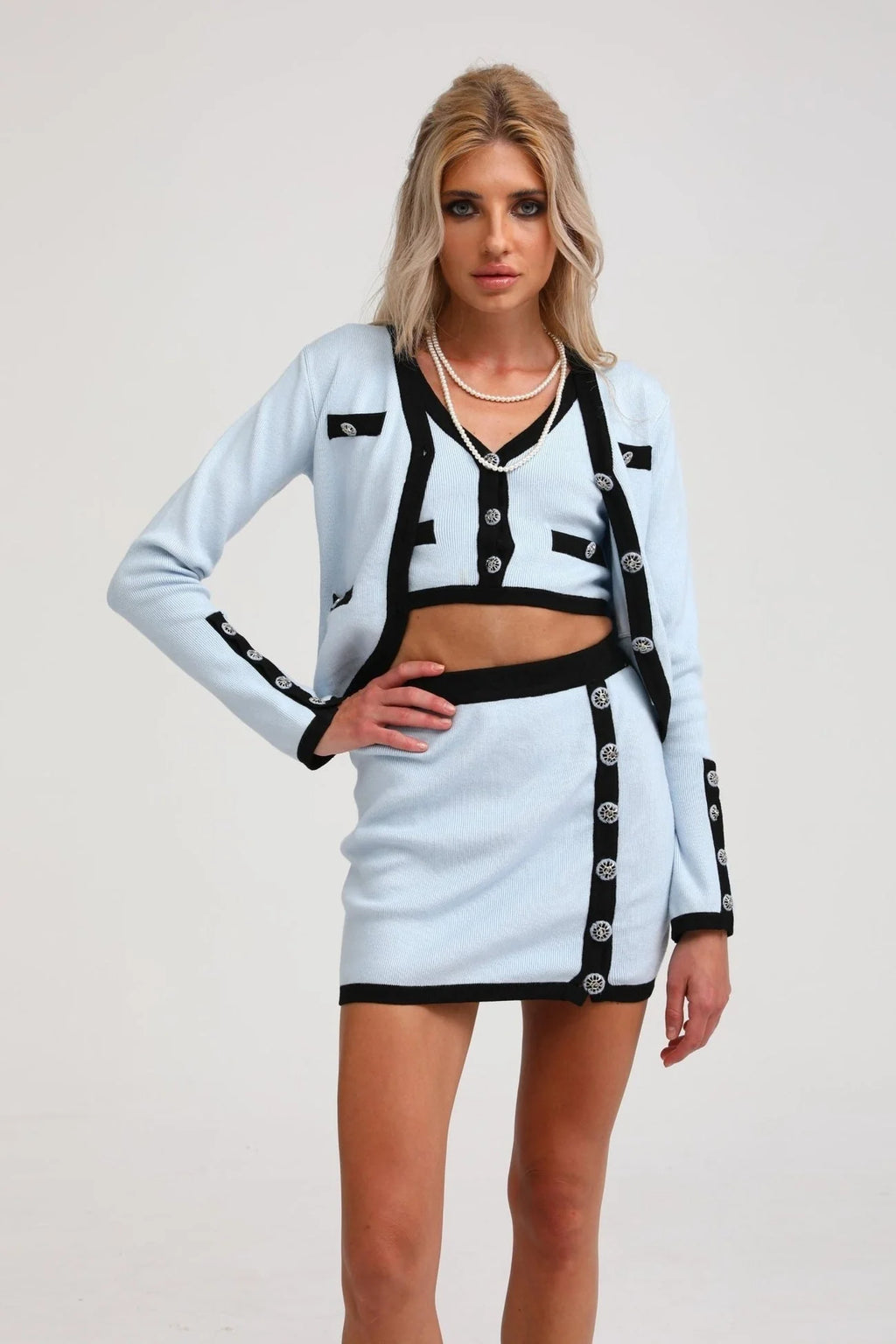 Julia Skirt & Top Set - Knitted Construction - Contrast Colors - Panelled Design - Front Button Detailing
