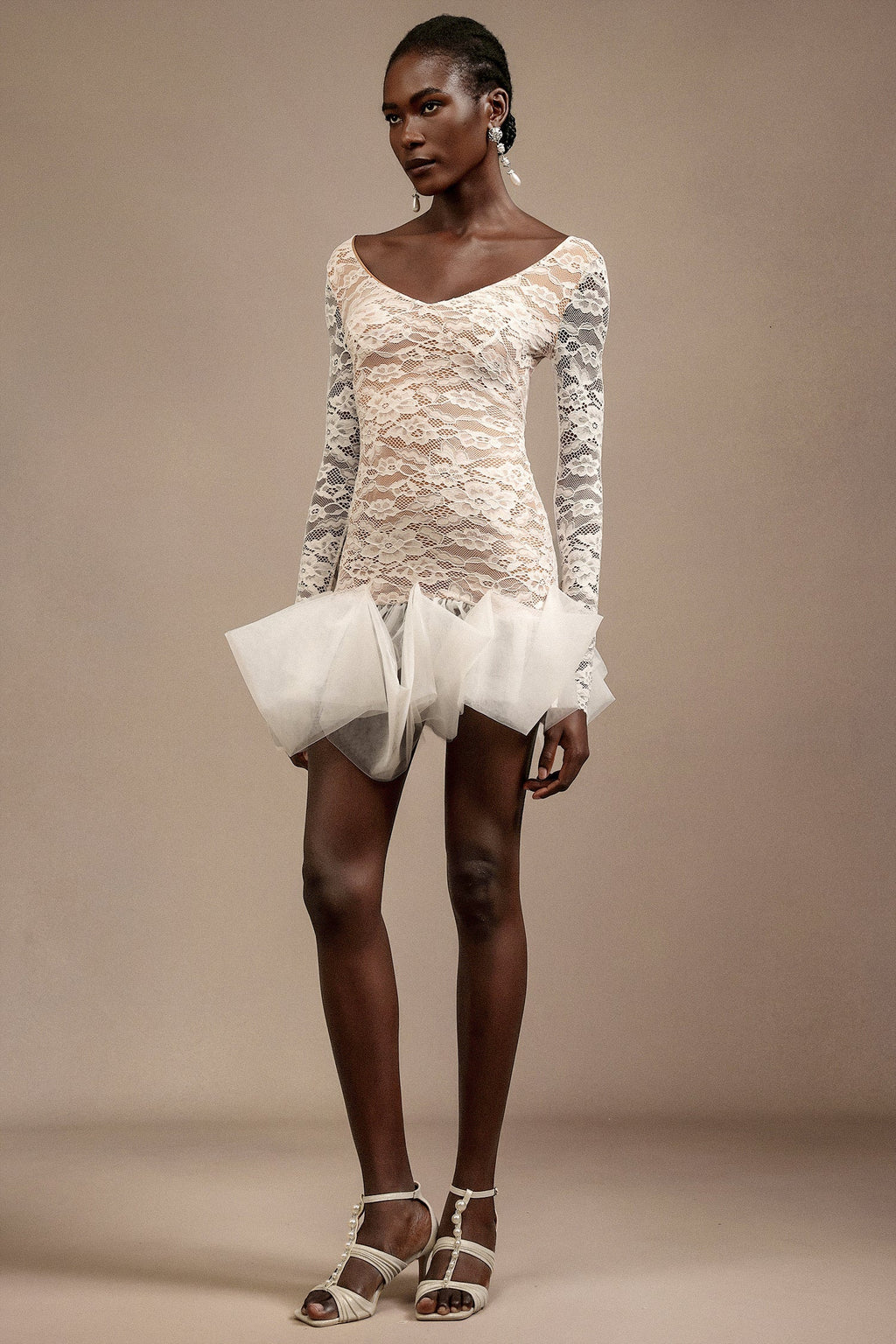 Julia White Lace V-Neckline Long Sleeve Mini Dress