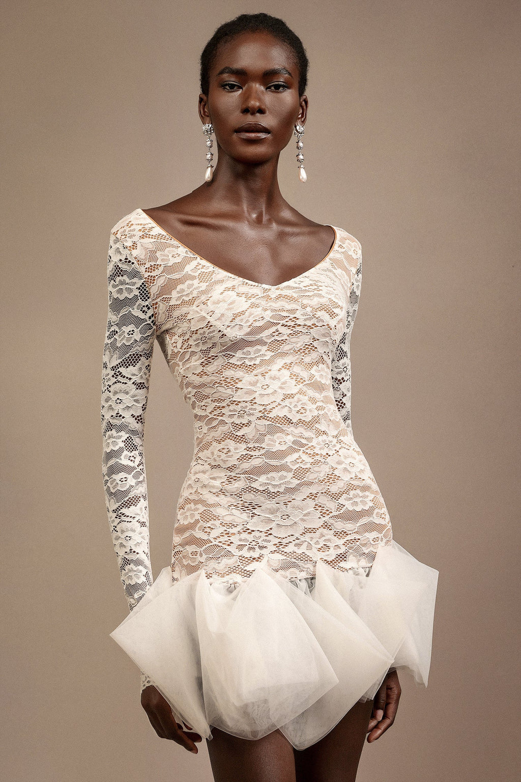 Julia White Lace V-Neckline Long Sleeve Mini Dress