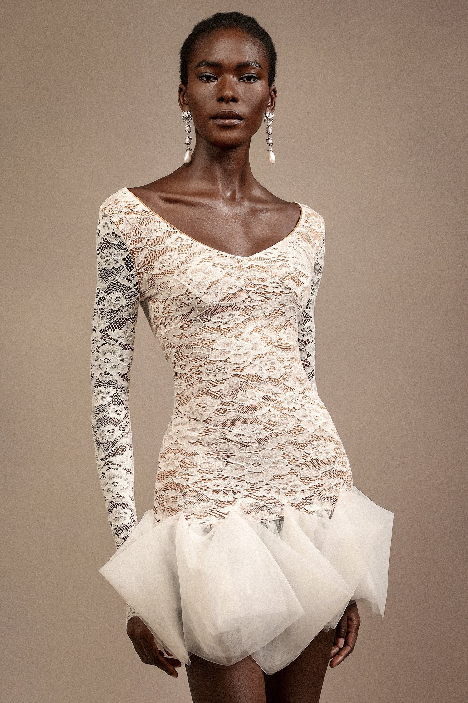 Julia White Lace V-Neckline Long Sleeve Mini Dress