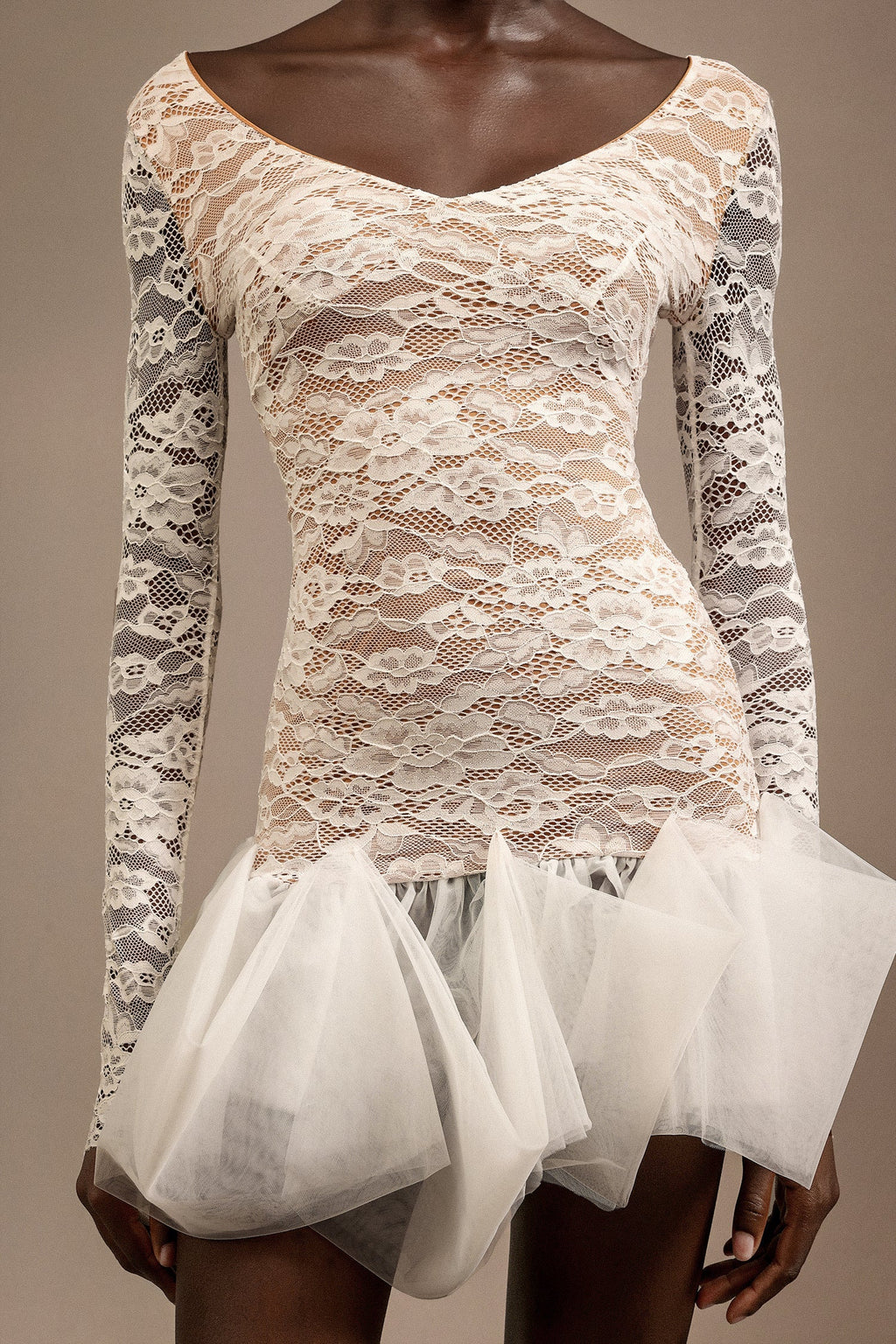 Julia White Lace V-Neckline Long Sleeve Mini Dress