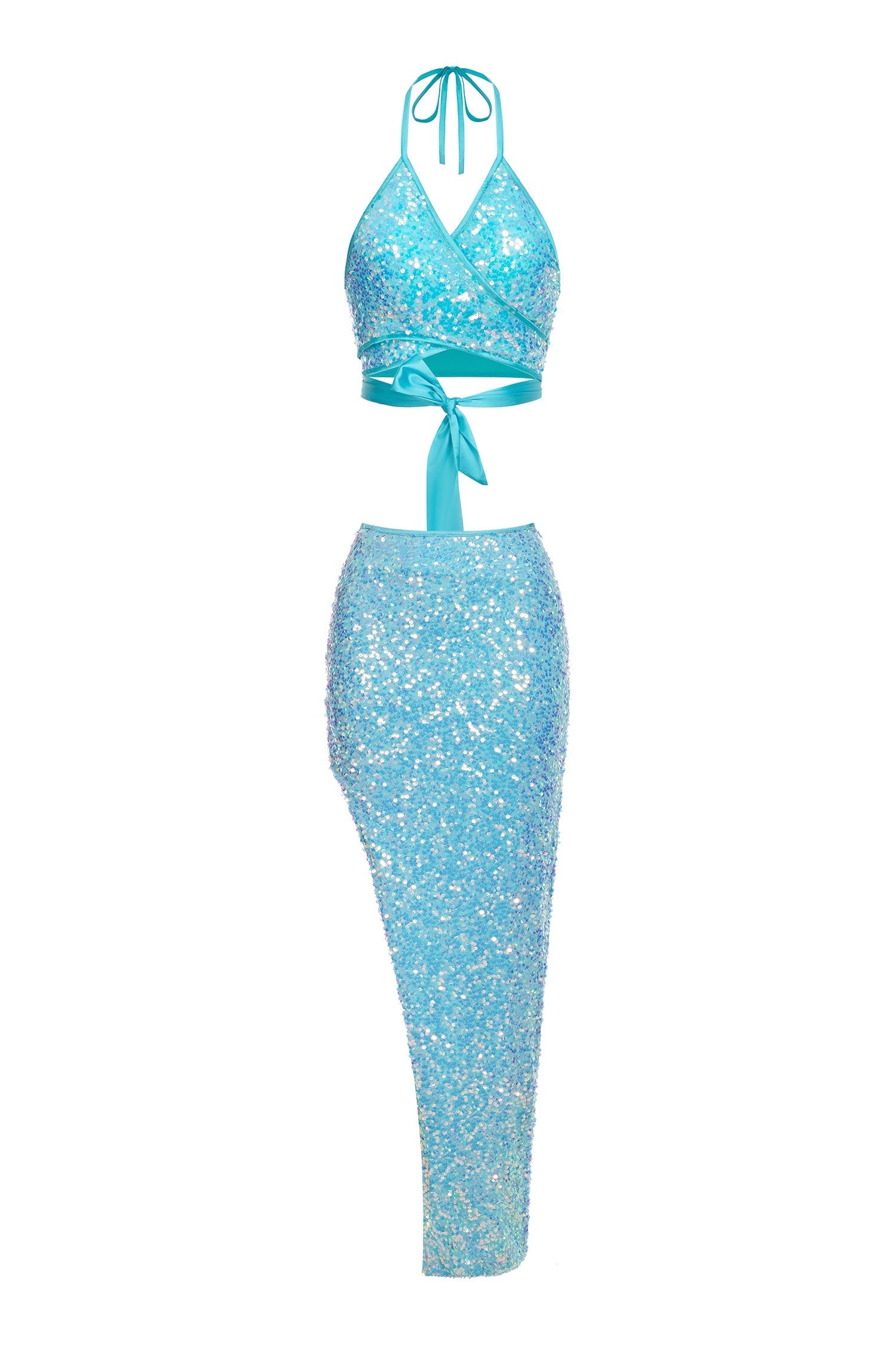 Juliana Blue Sequined Wrap Dress with Slit Detail