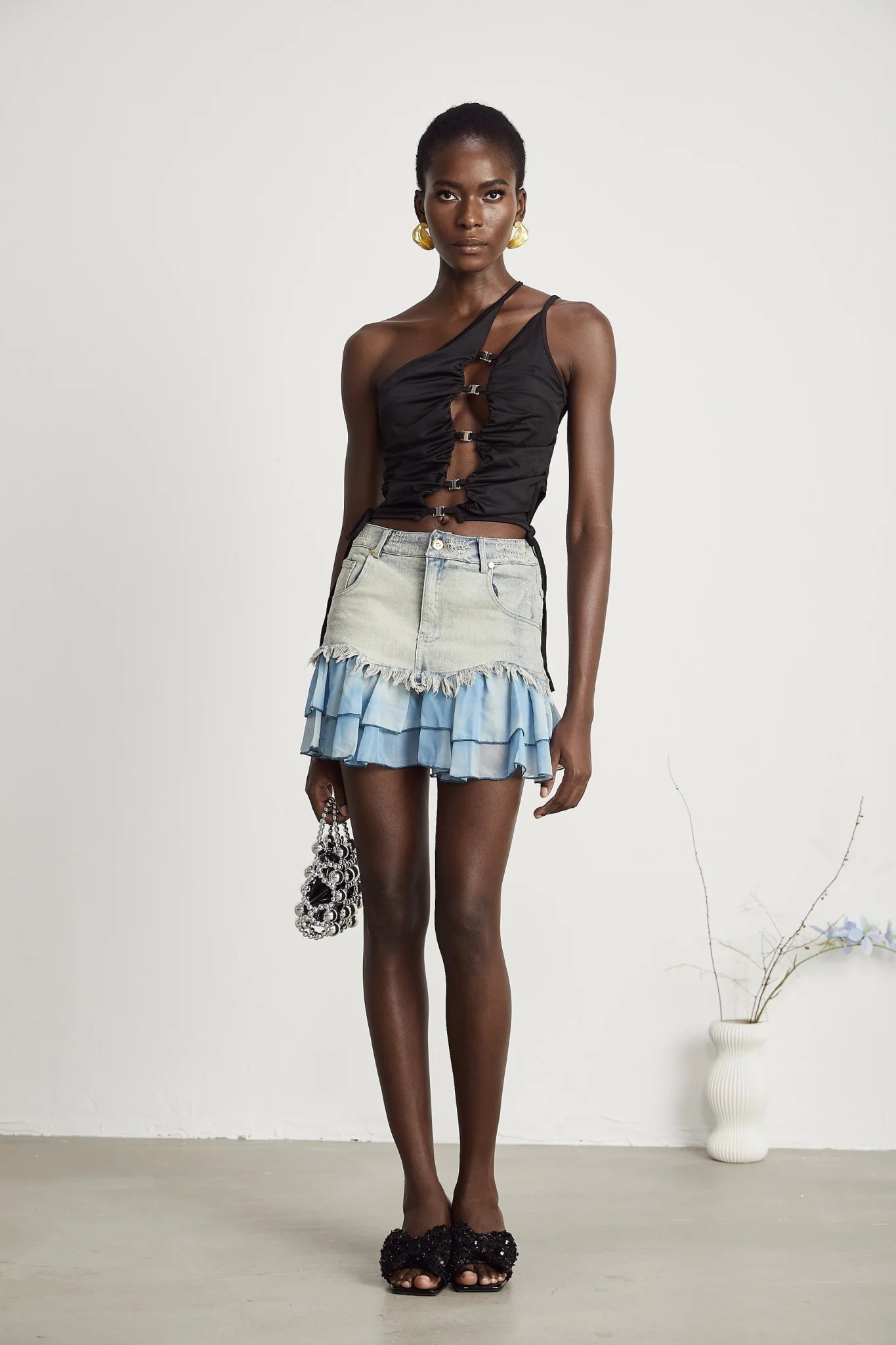 Juliana Denim Mini Dress Fringed & Pleated