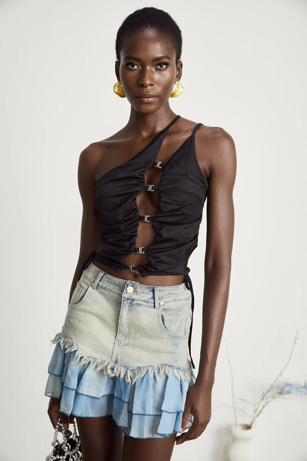 Juliana Denim Mini Dress Fringed & Pleated