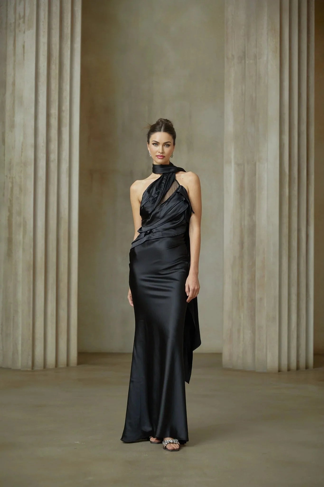 Juliana Maxi Dress - Black Ribbon Halter - neck Satin & Tulle Ruffle Trim