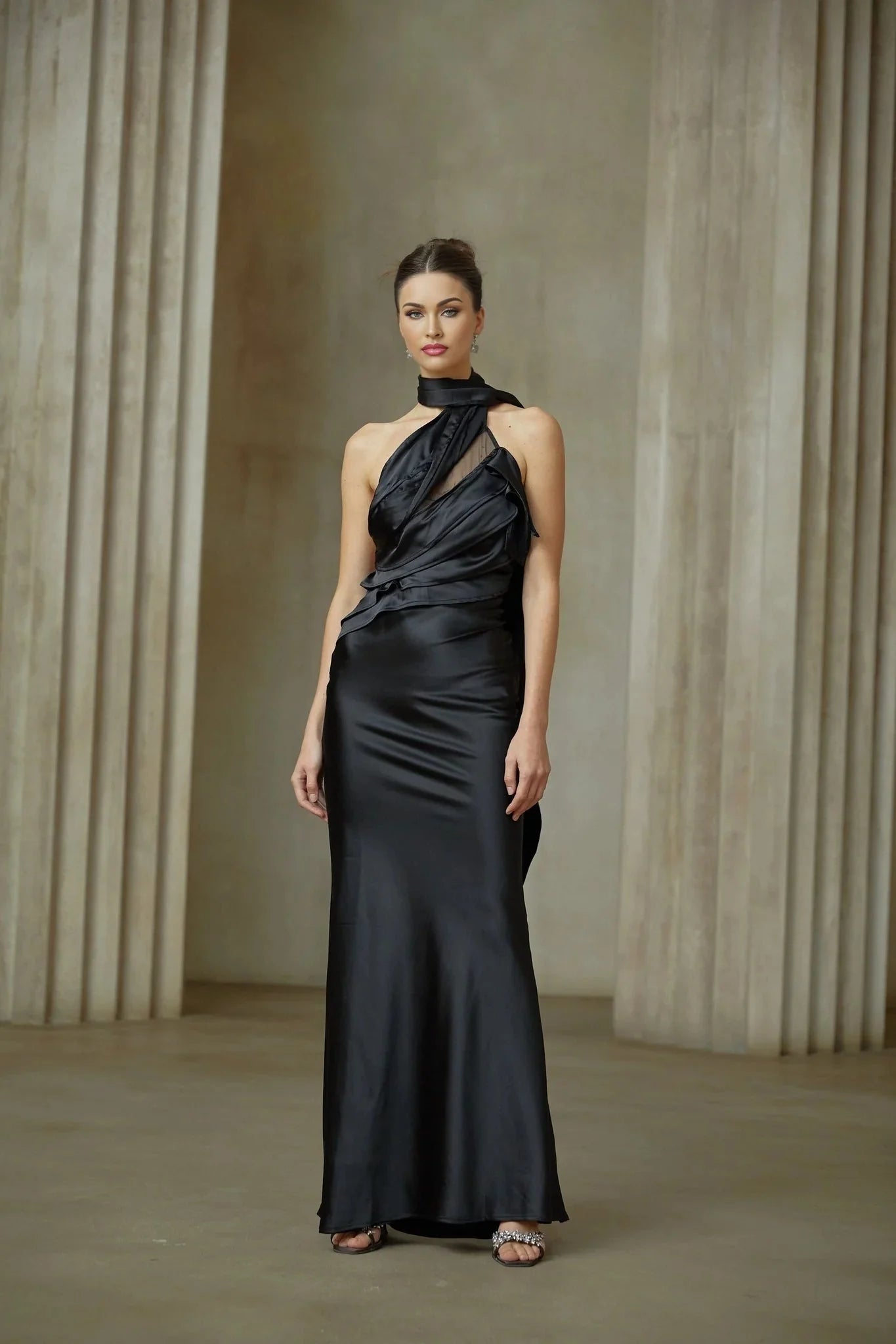 Juliana Maxi Dress - Black Ribbon Halter - neck Satin & Tulle Ruffle Trim