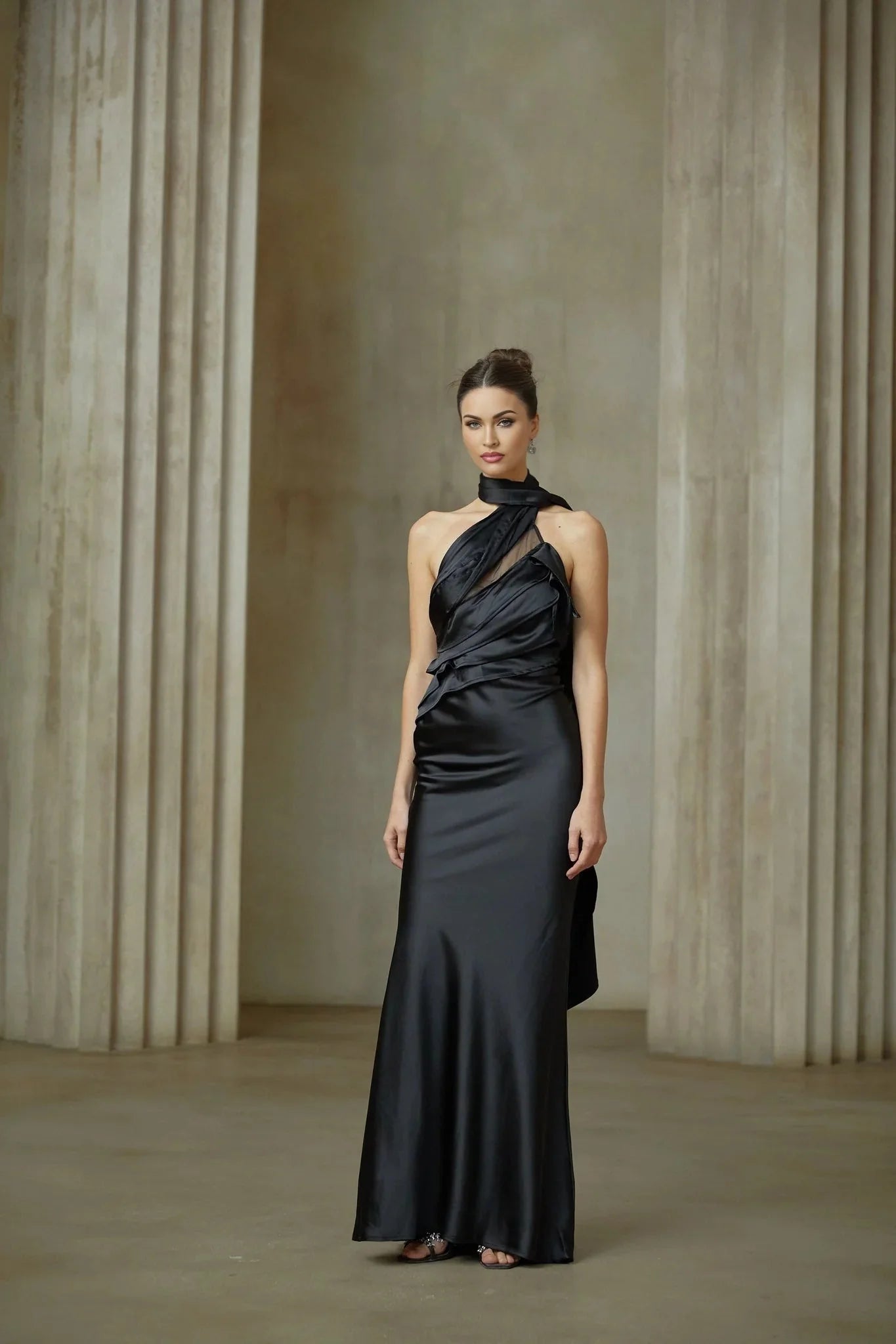 Juliana Maxi Dress - Black Ribbon Halter - neck Satin & Tulle Ruffle Trim
