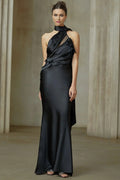 Juliana Maxi Dress - Black Ribbon Halter - neck Satin & Tulle Ruffle Trim