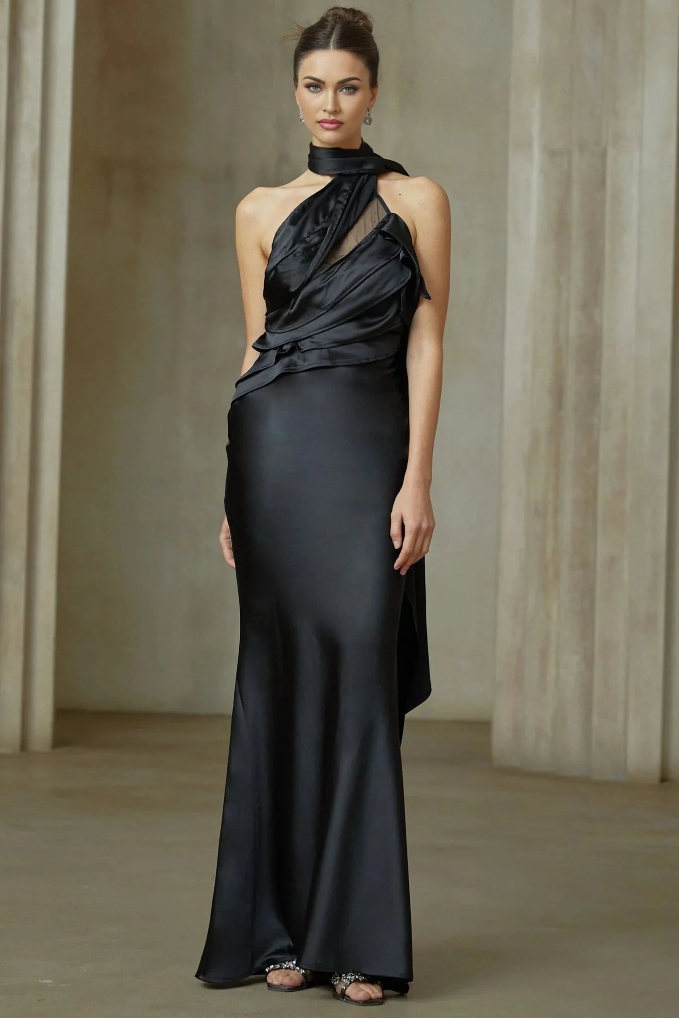 Juliana Maxi Dress - Black Ribbon Halter - neck Satin & Tulle Ruffle Trim