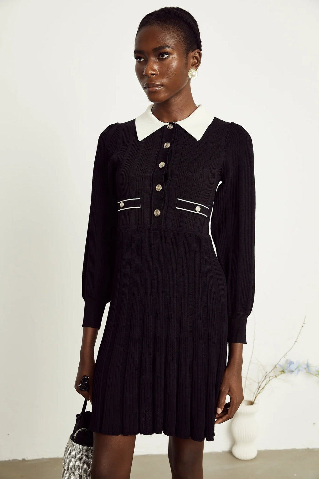 Juliana Mini Dress Black White Ribbed Knit Balloon Sleeve Flare