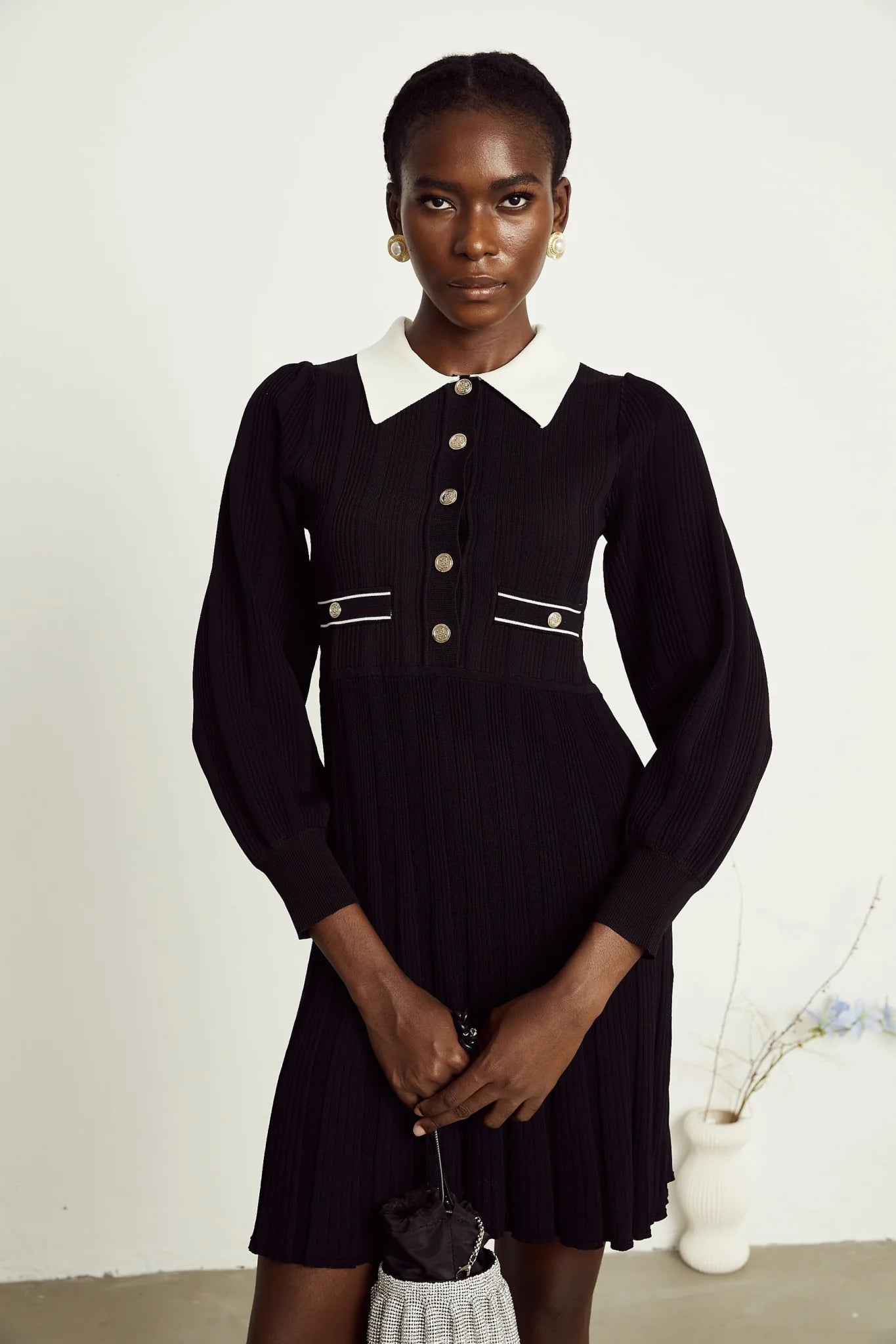 Juliana Mini Dress Black White Ribbed Knit Balloon Sleeve Flare