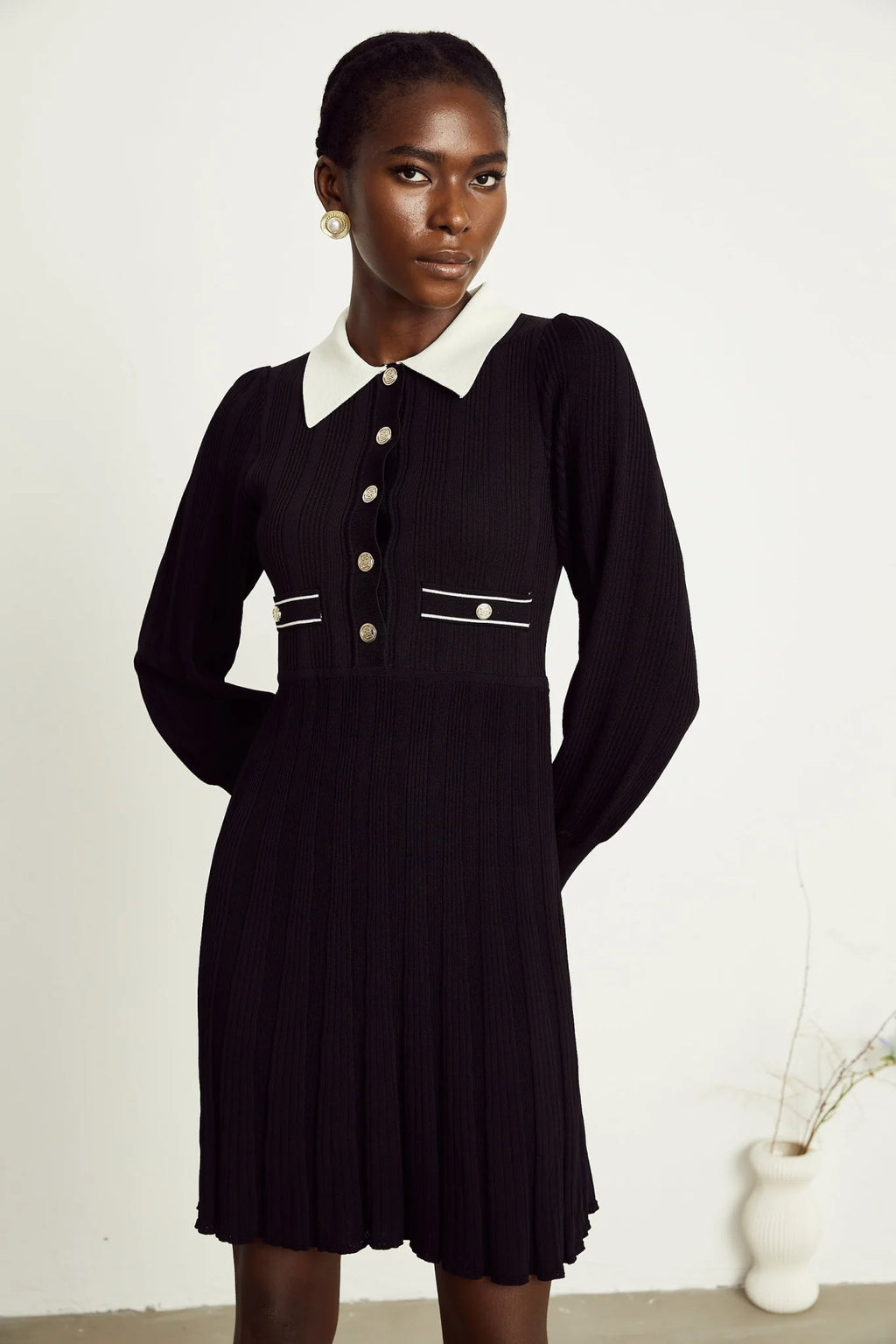 Juliana Mini Dress Black White Ribbed Knit Balloon Sleeve Flare