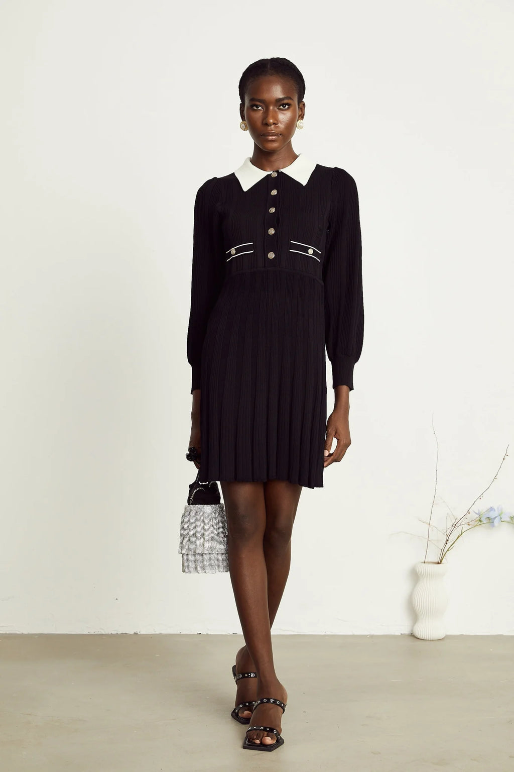 Juliana Mini Dress Black White Ribbed Knit Balloon Sleeve Flare