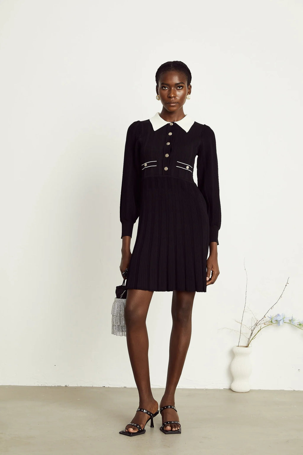 Juliana Mini Dress Black White Ribbed Knit Balloon Sleeve Flare