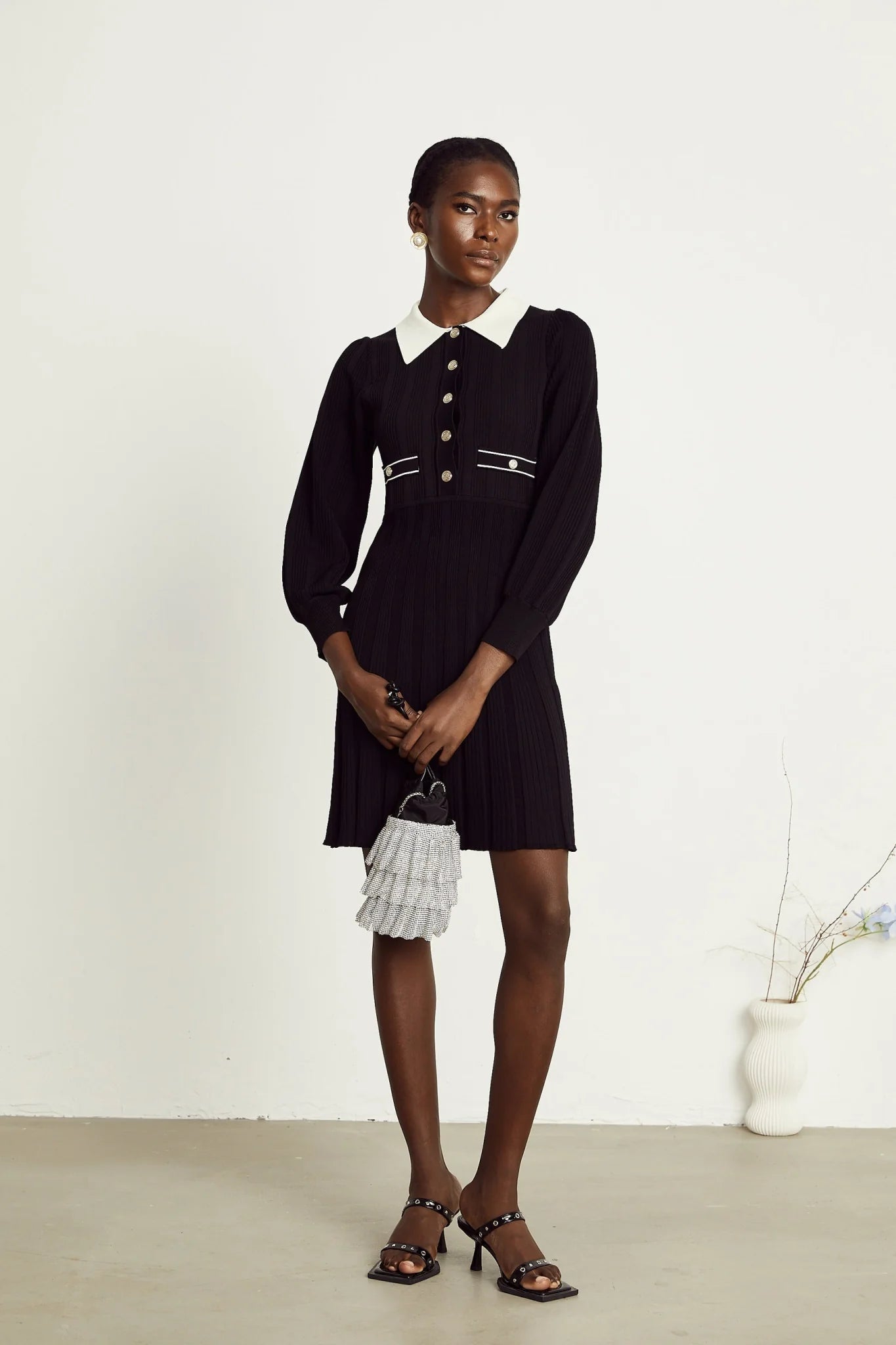 Juliana Mini Dress Black White Ribbed Knit Balloon Sleeve Flare