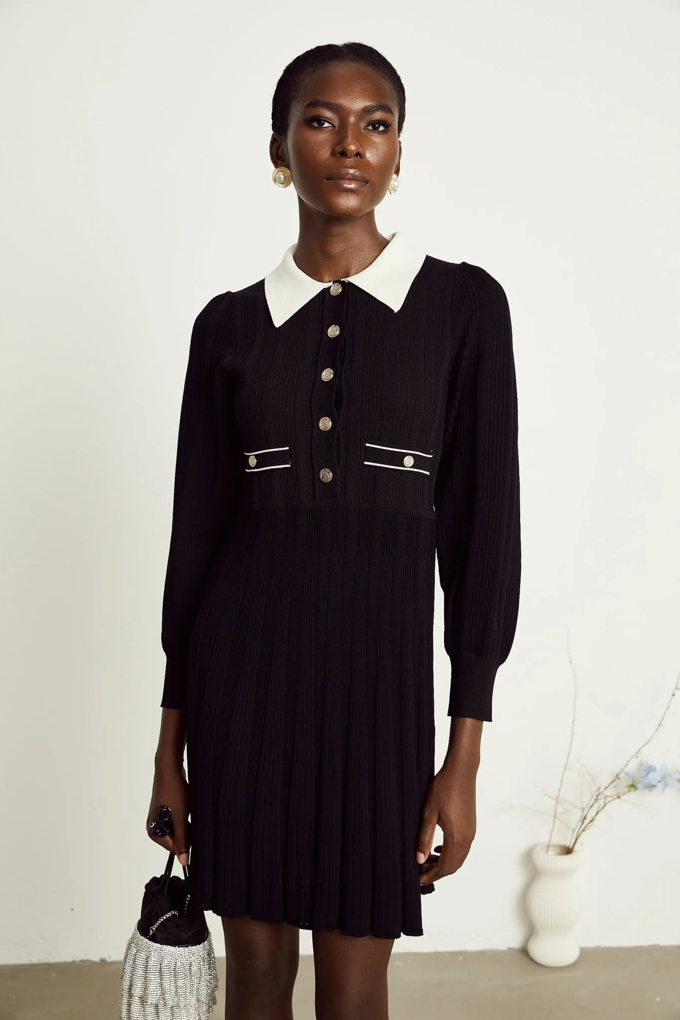 Juliana Mini Dress Black White Ribbed Knit Balloon Sleeve Flare