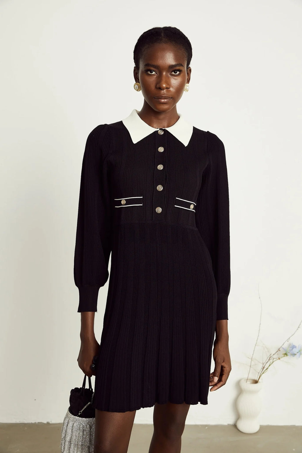 Juliana Mini Dress Black White Ribbed Knit Balloon Sleeve Flare