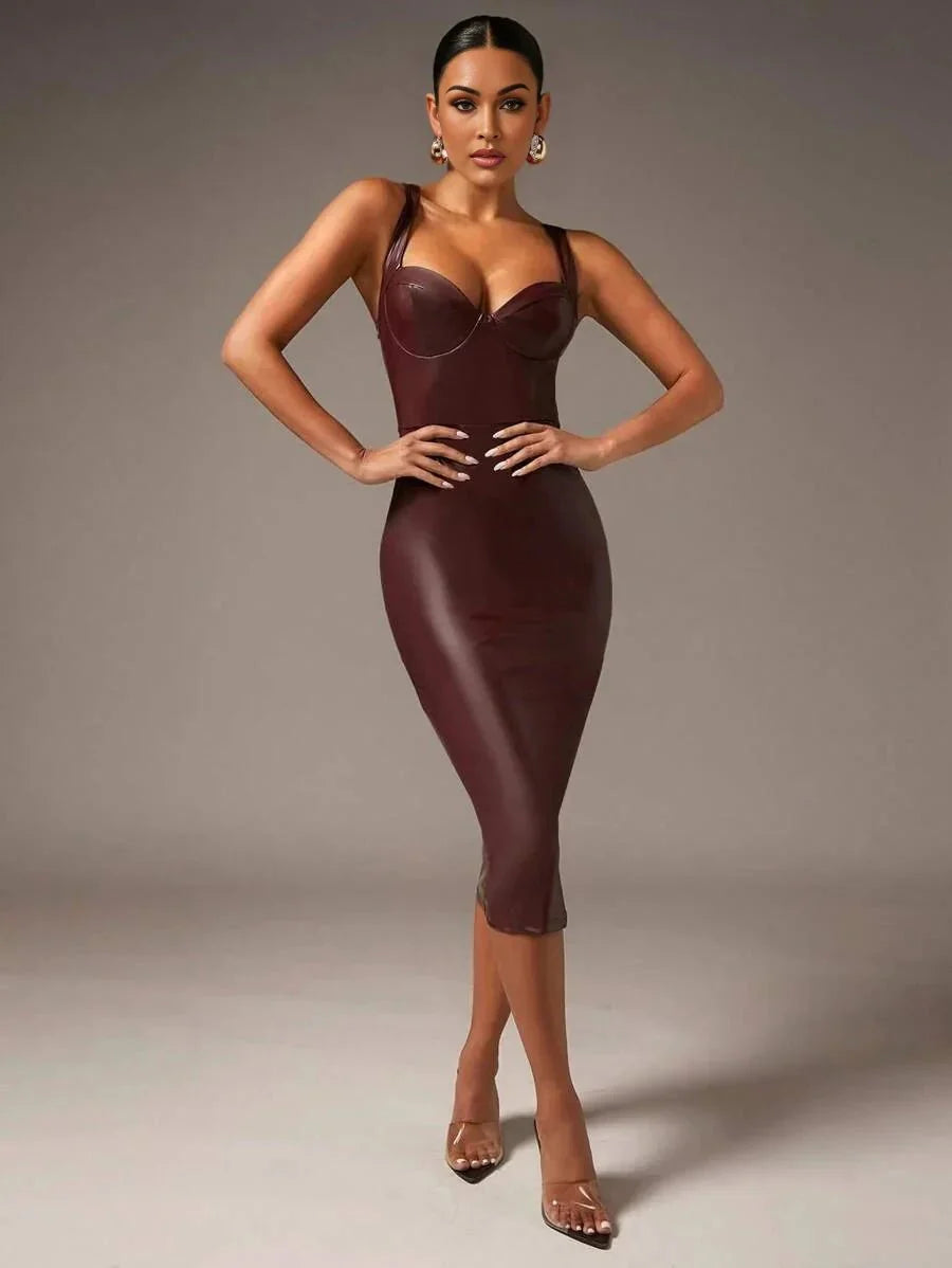 Julianna Midi Dress - Neckline Straps - Pencil Hem - Natural Waist - Cami Type - Backless Zipper