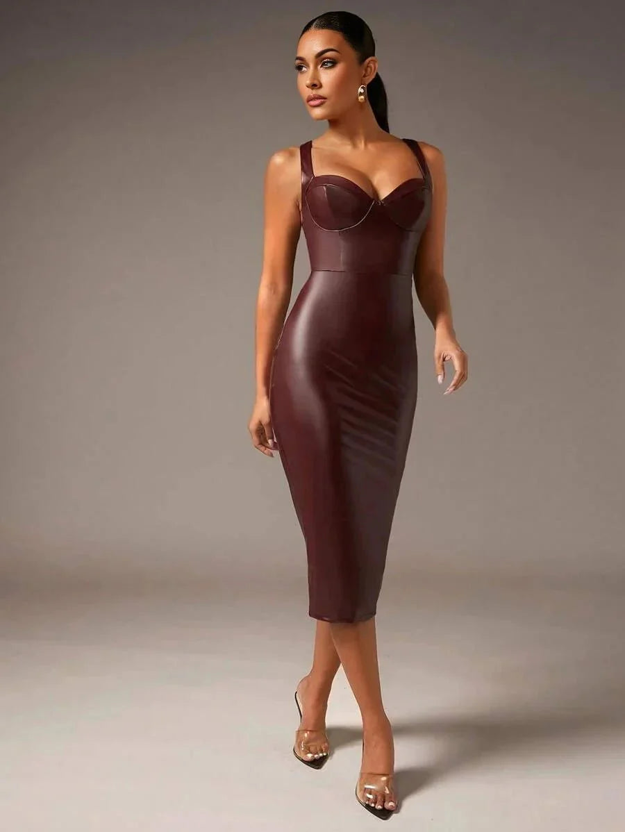 Julianna Midi Dress - Neckline Straps - Pencil Hem - Natural Waist - Cami Type - Backless Zipper