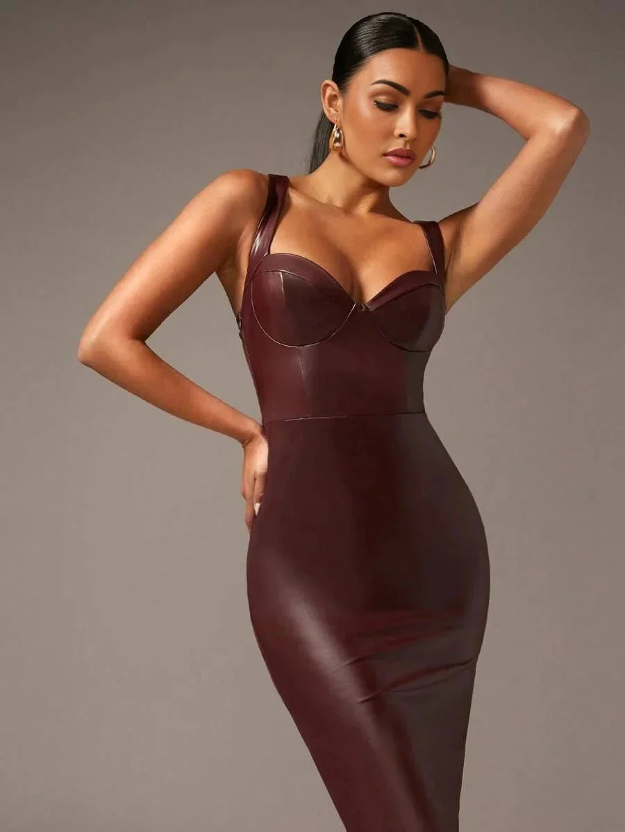 Julianna Midi Dress - Neckline Straps - Pencil Hem - Natural Waist - Cami Type - Backless Zipper