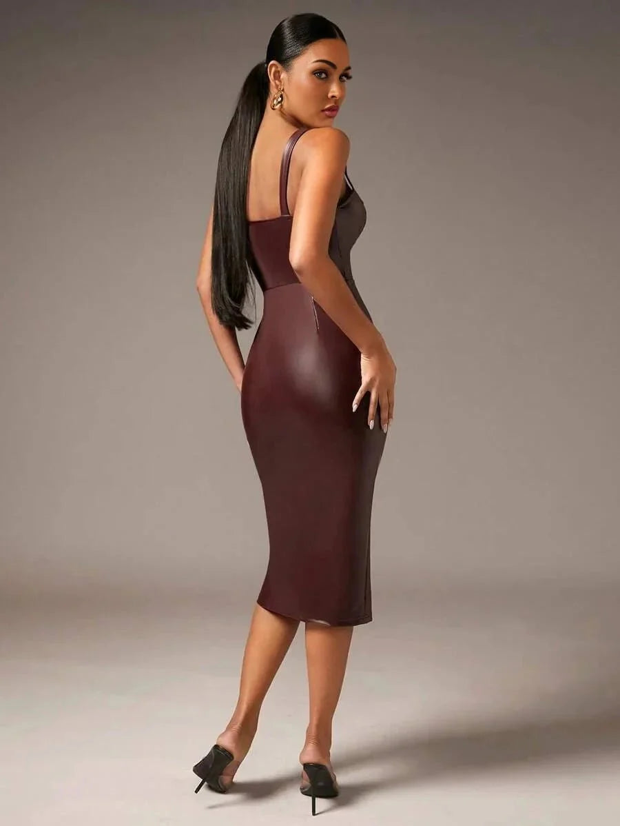Julianna Midi Dress - Neckline Straps - Pencil Hem - Natural Waist - Cami Type - Backless Zipper