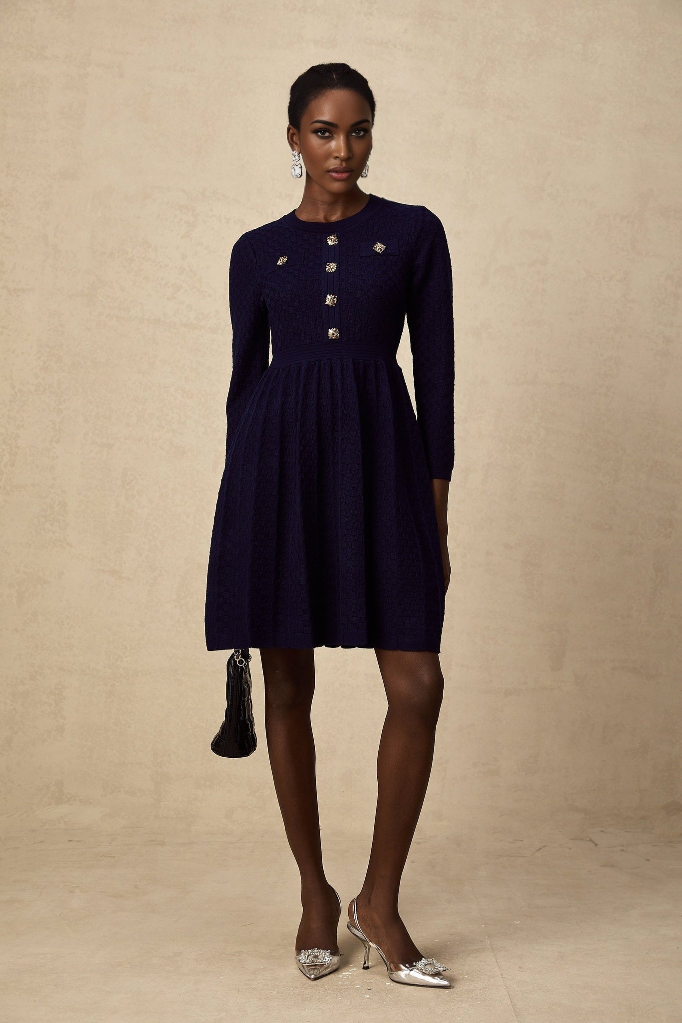 Julianna Mini Dress Navy Basket Weave Knit Pleated Skirt