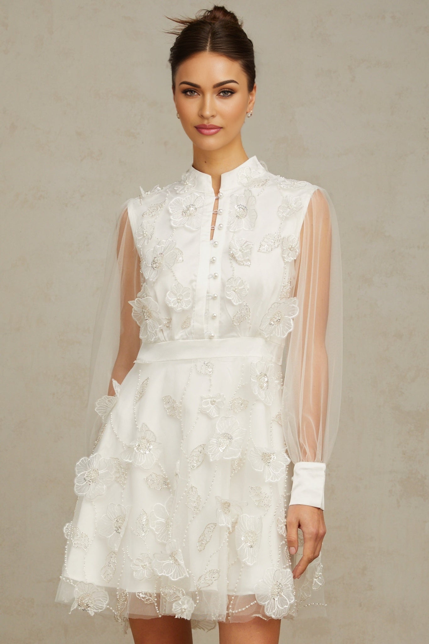 Julianna Mini Dress White Tulle Sequin Pearl Petal Embellishments