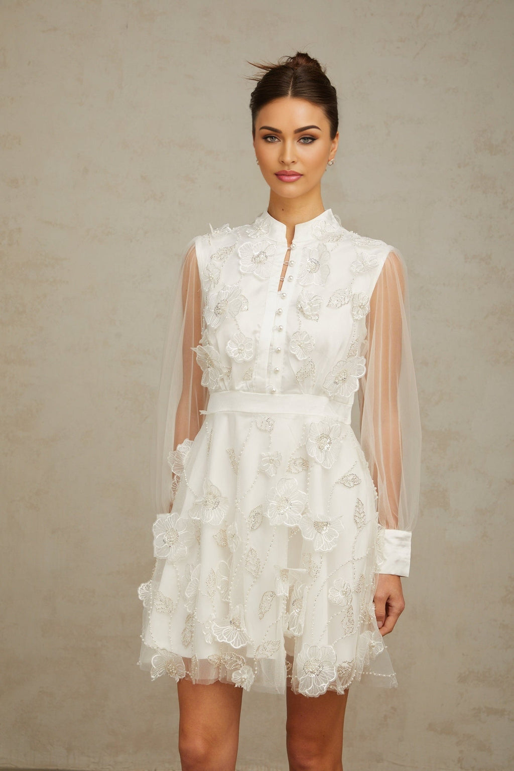 Julianna Mini Dress White Tulle Sequin Pearl Petal Embellishments