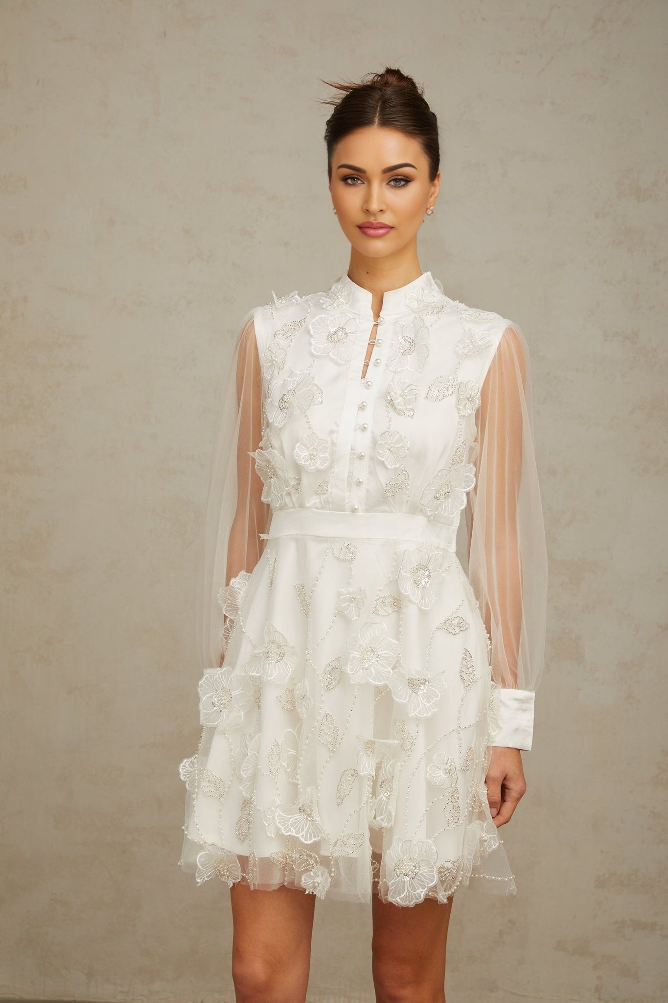Julianna Mini Dress White Tulle Sequin Pearl Petal Embellishments