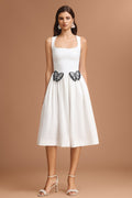 Julianna White Square Collar Halter Neckline Dress with Butterfly Detailing