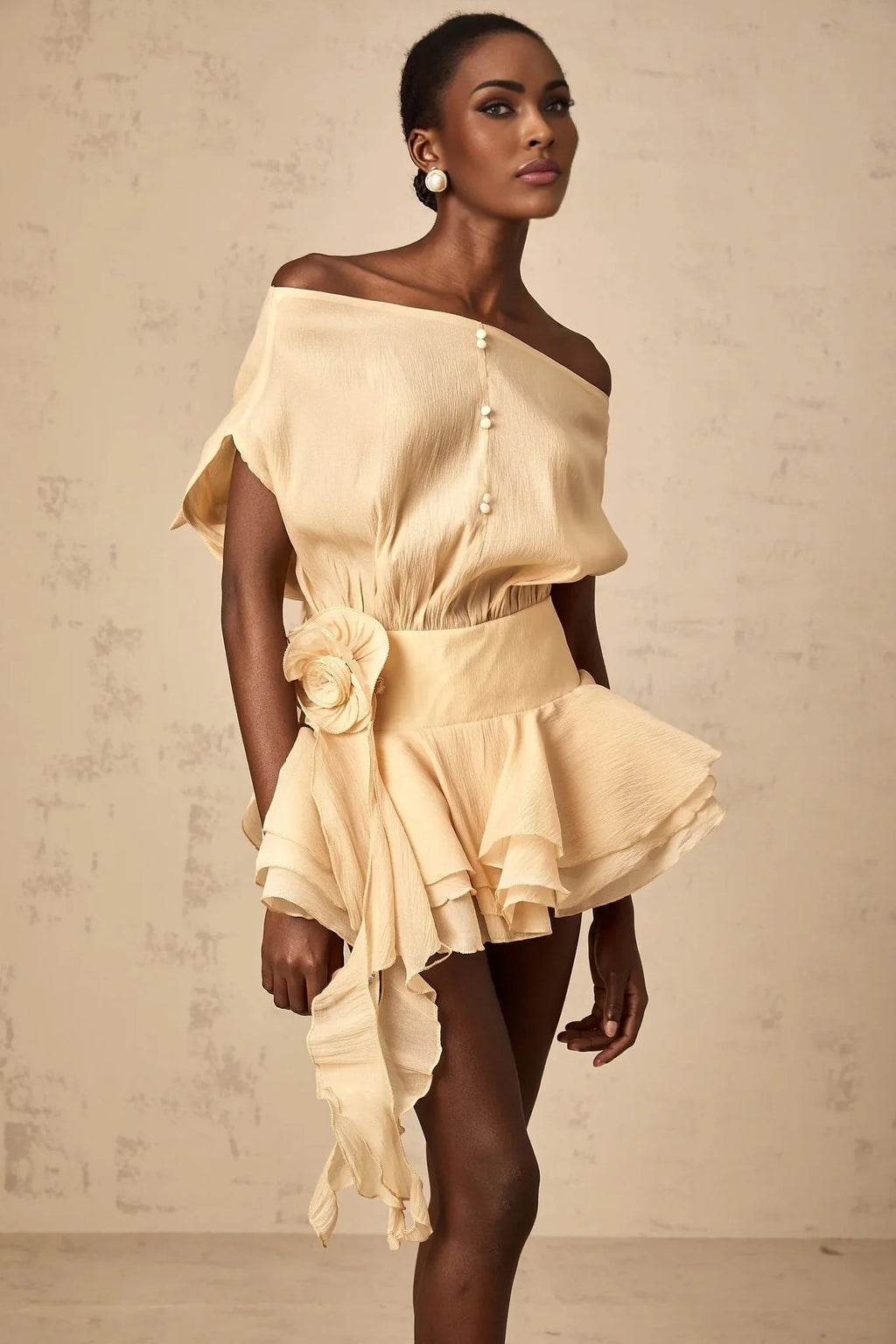 Juliet Mini Dress Floral - Appliqu Flounce Hem Neutrals