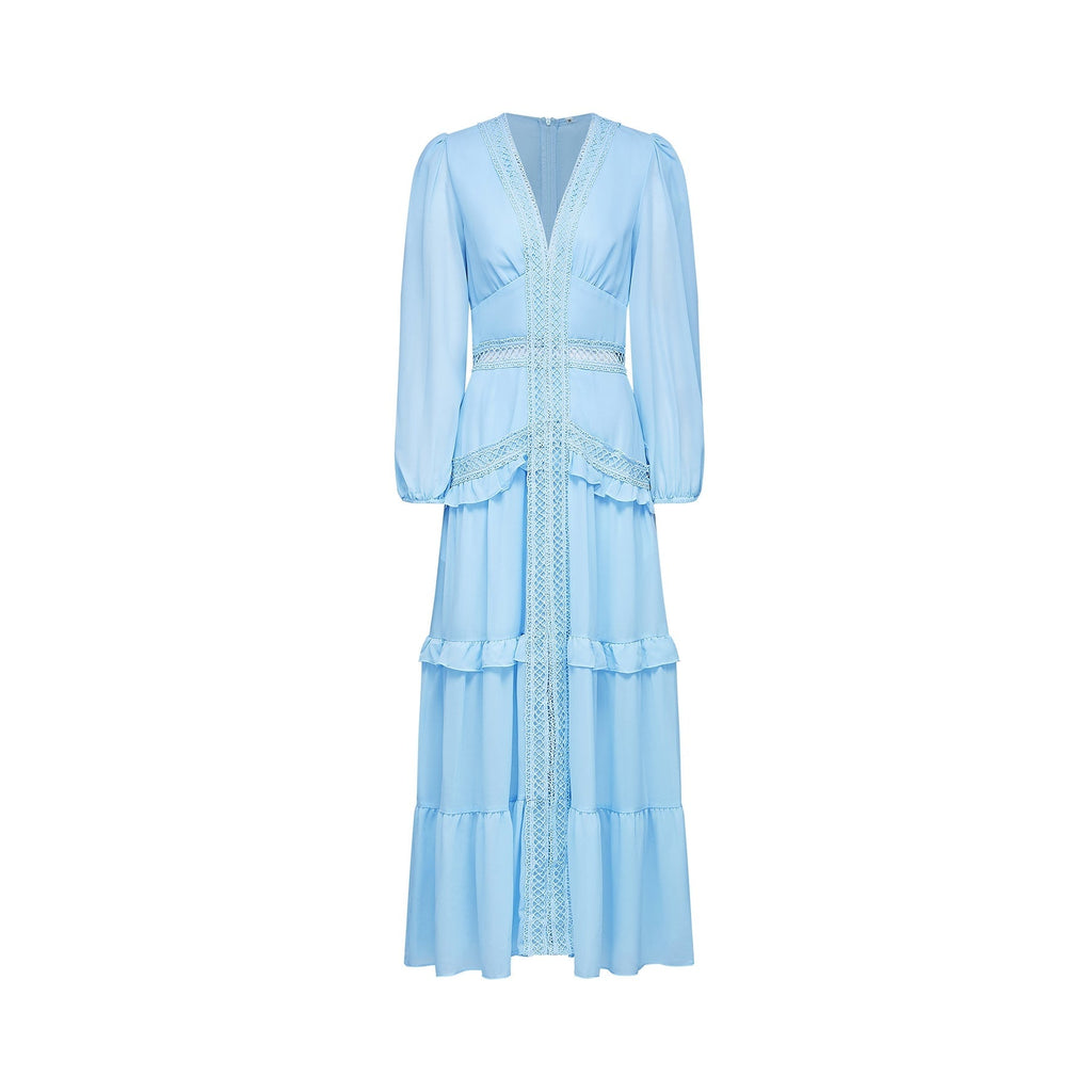 Juno Maxi Dress - Flattering V - Neckline - Elegant Guipure Lace - Layered Ruffle Skirt - Semi - Transparent Panels - Back Zipper