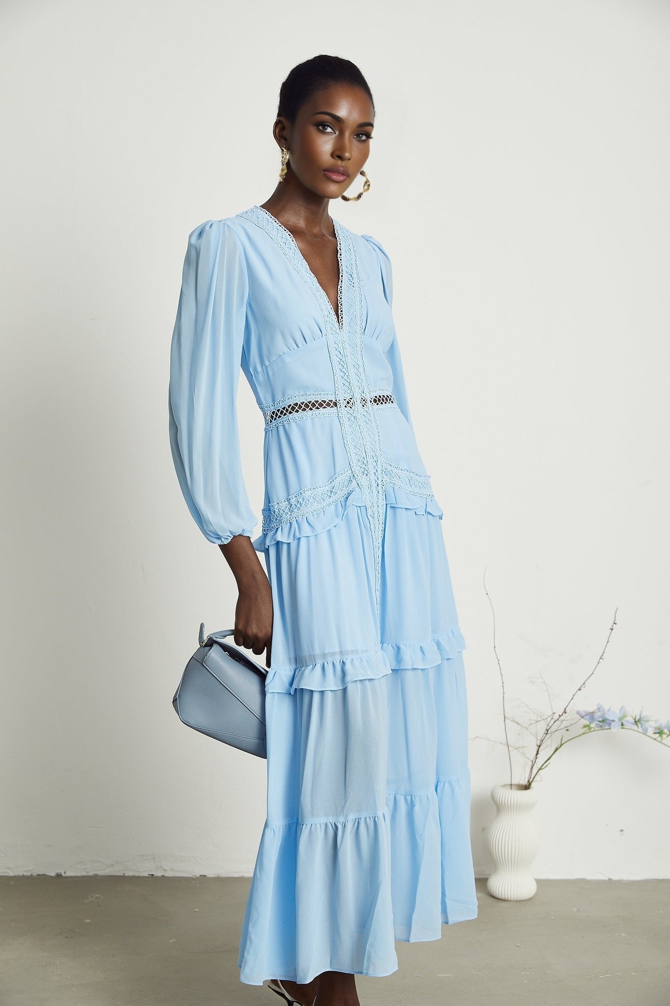 Juno Maxi Dress - Flattering V - Neckline - Elegant Guipure Lace - Layered Ruffle Skirt - Semi - Transparent Panels - Back Zipper