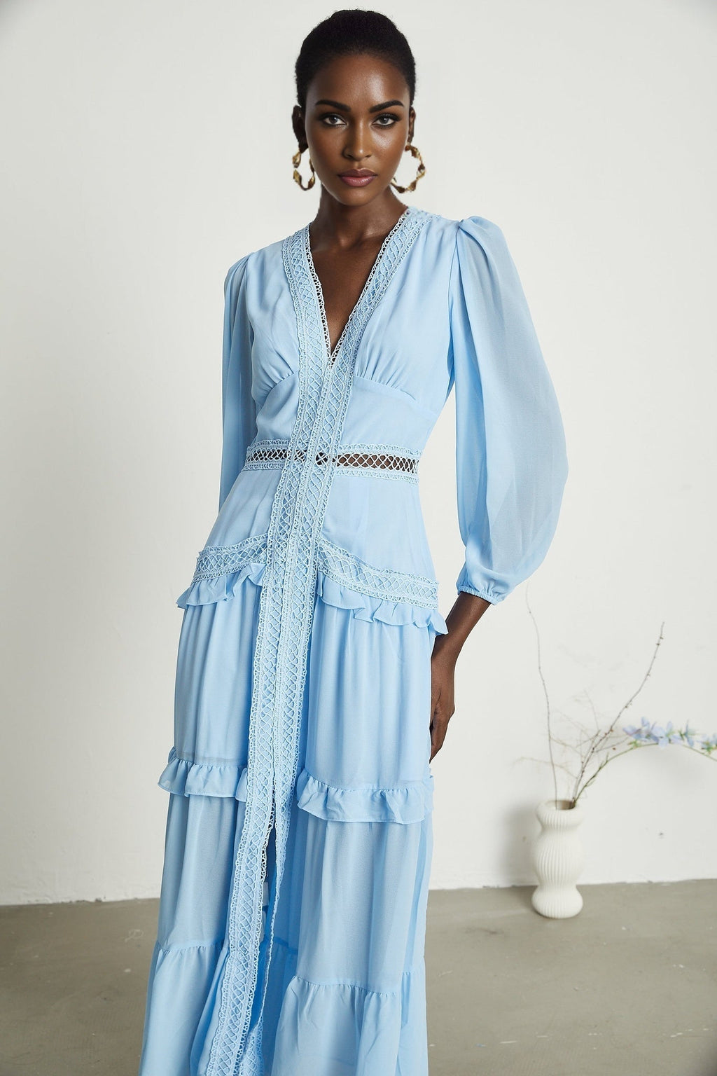 Juno Maxi Dress - Flattering V - Neckline - Elegant Guipure Lace - Layered Ruffle Skirt - Semi - Transparent Panels - Back Zipper