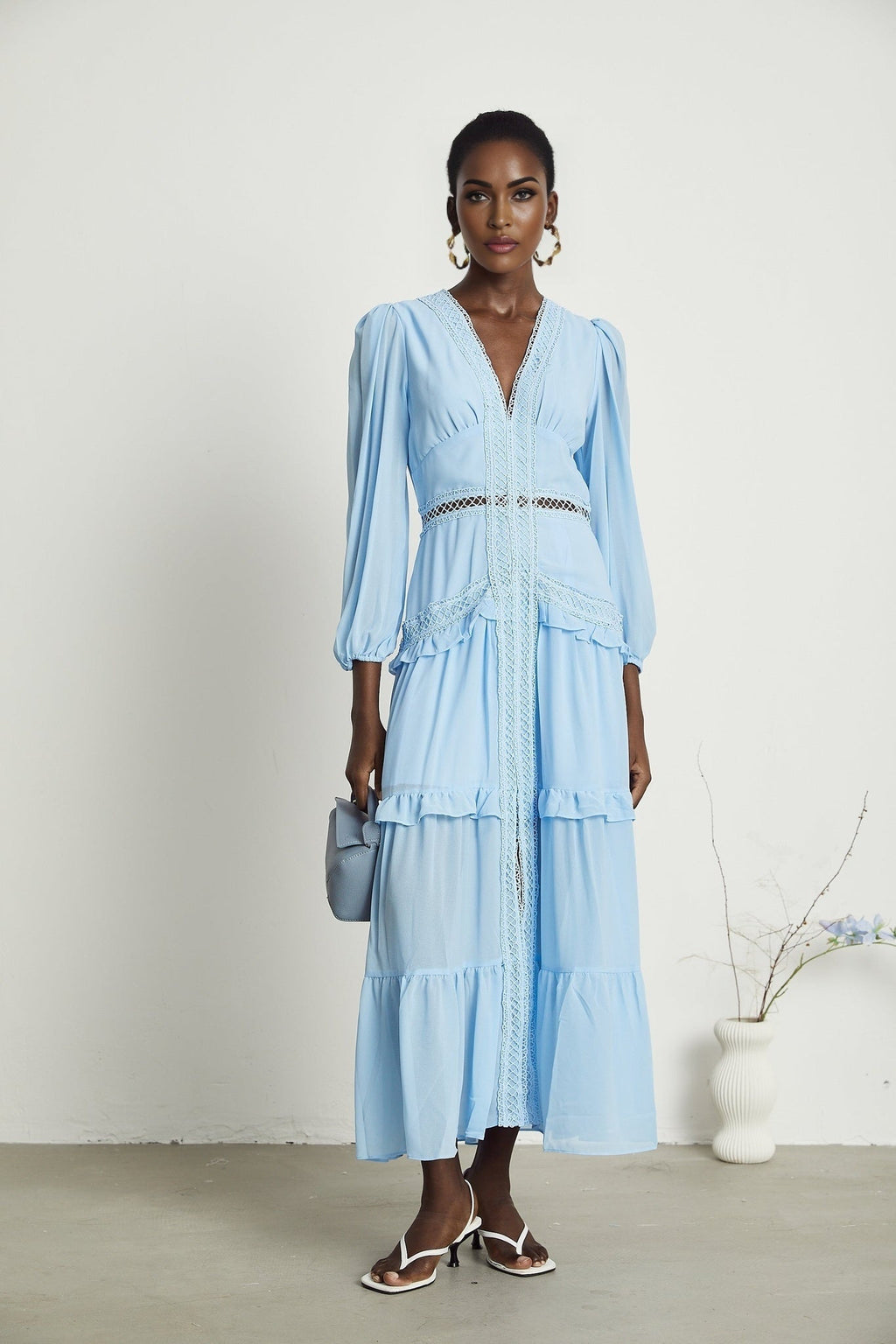 Juno Maxi Dress - Flattering V - Neckline - Elegant Guipure Lace - Layered Ruffle Skirt - Semi - Transparent Panels - Back Zipper